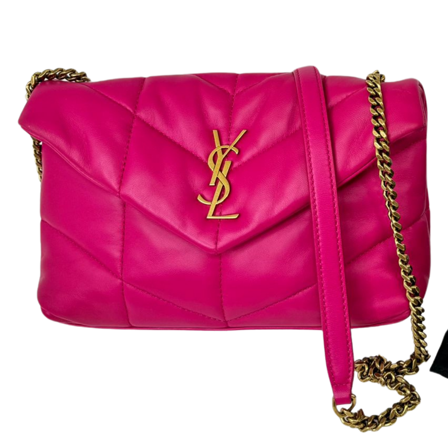 SAINT LAURENT Lambskin Quilted Toy Loulou Puffer Monogram Chain Satchel Lipstick Fushia