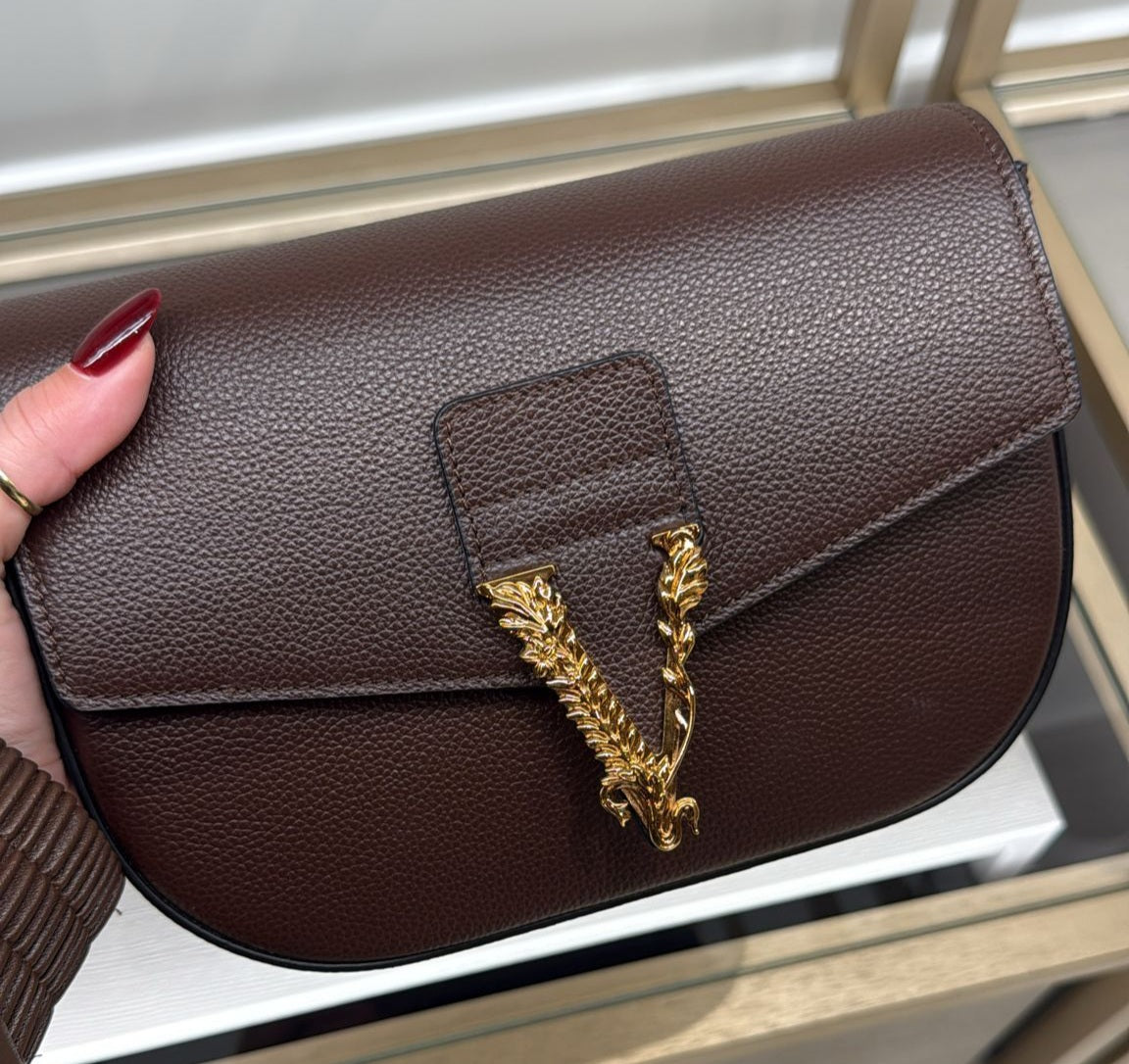 New Versage Taupe Grainy Leather V Logo Handbag Shoulder Bag