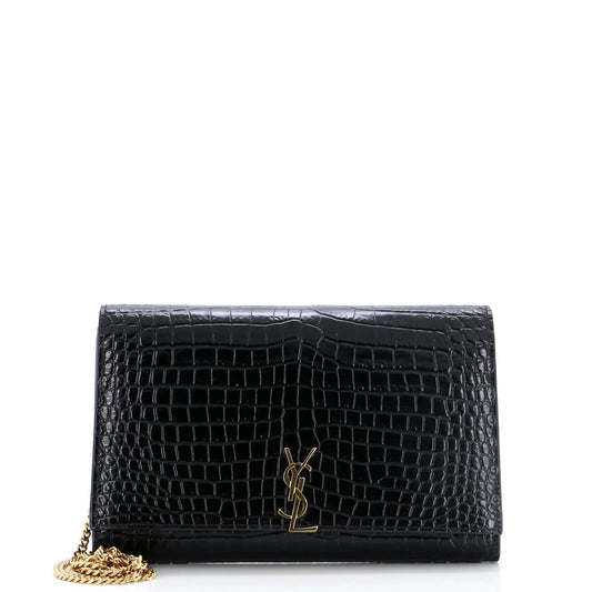 Saint Laurent Classic Monogram Flap Chain Wallet Crocodile Embossed Leather