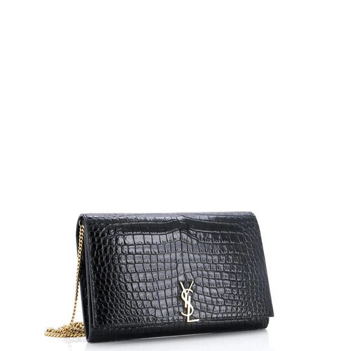 Saint Laurent Classic Monogram Flap Chain Wallet Crocodile Embossed Leather