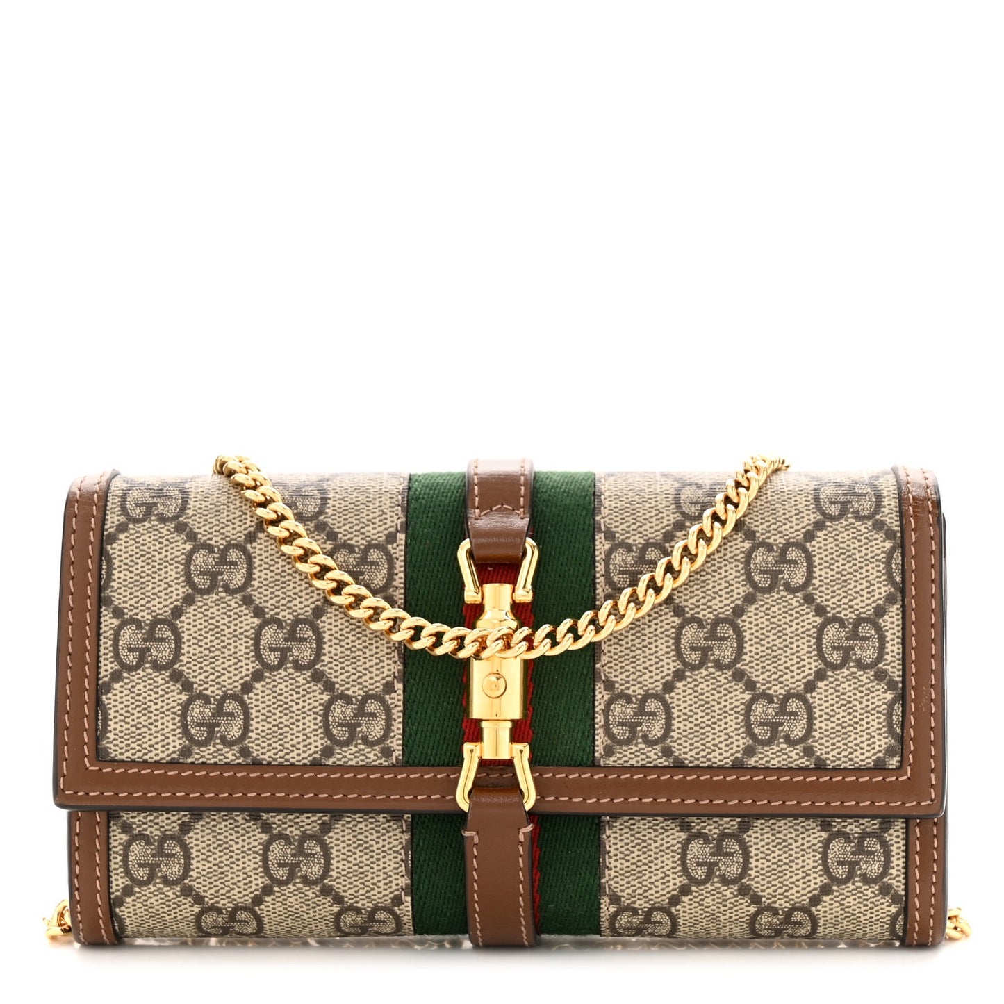 GUCCI  GG Supreme Monogram Azalea Calfskin Web Jackie 1961 Chain Wallet Beige Ebony Brown Sugar