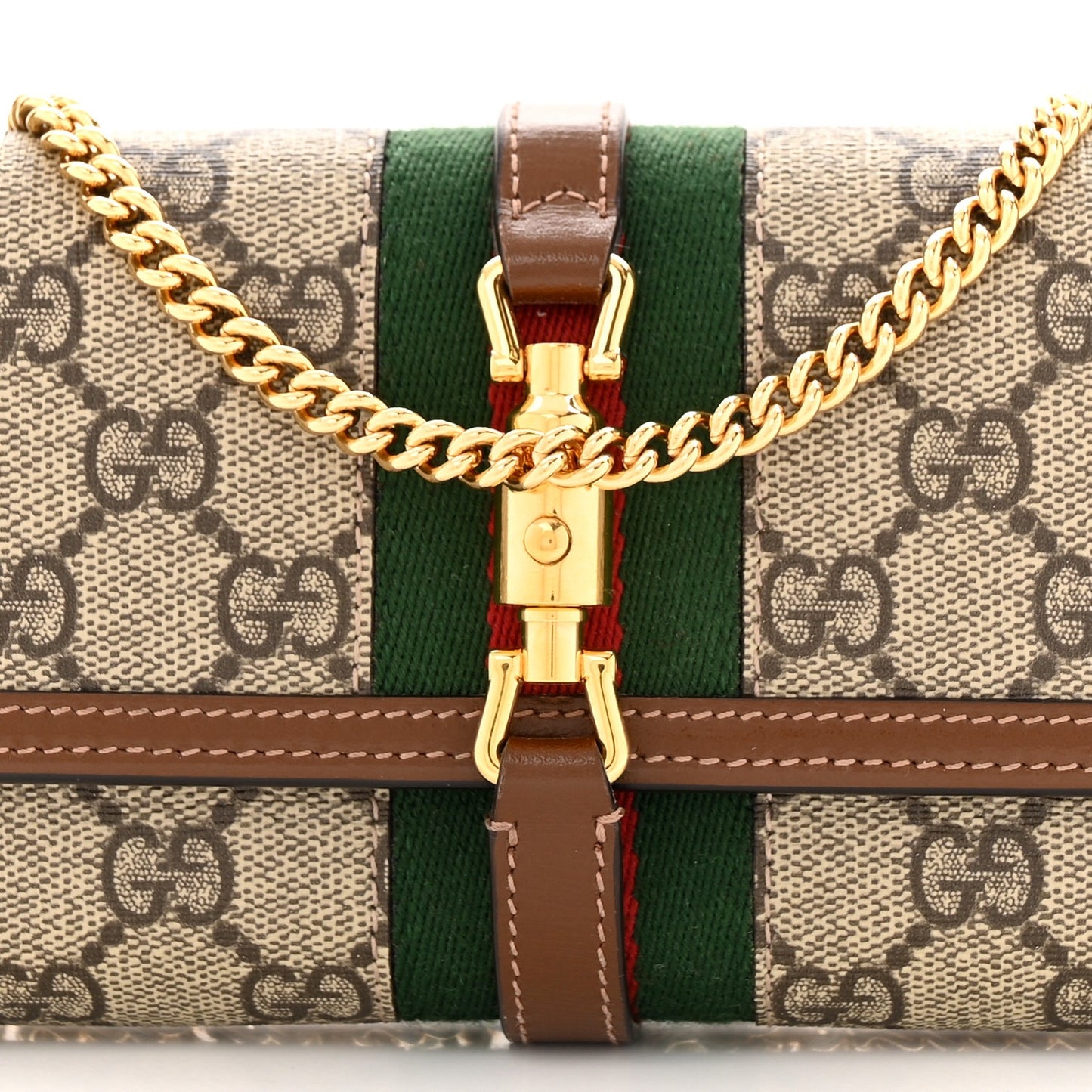 GUCCI  GG Supreme Monogram Azalea Calfskin Web Jackie 1961 Chain Wallet Beige Ebony Brown Sugar