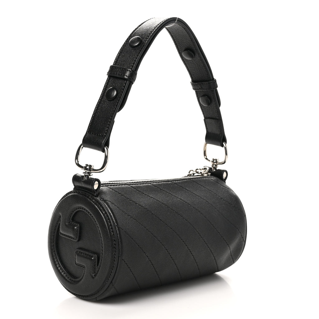 New Gucci Sakai Be Green Calfskin Diagonal Stitched Mini Blondie Barrel Shoulder Bag Black