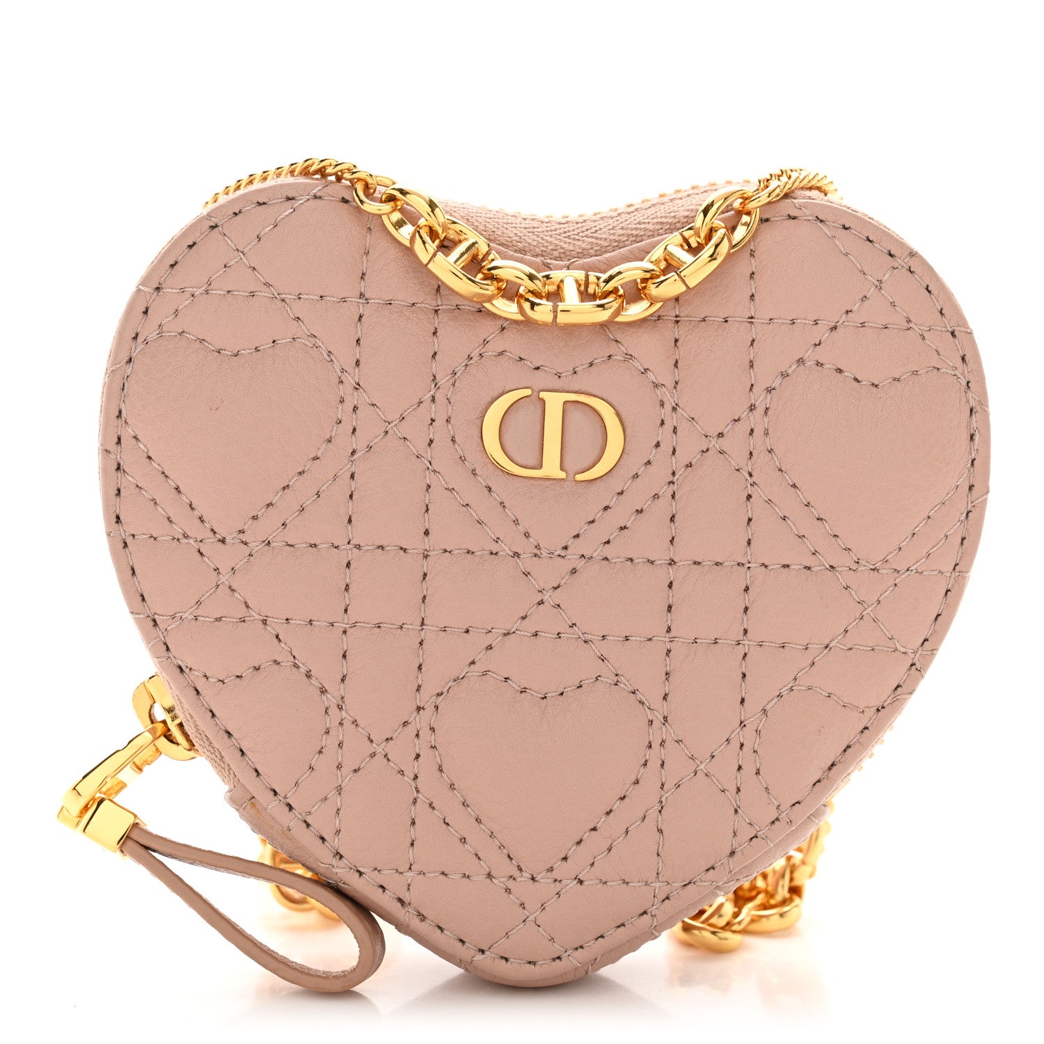 Christian Dior Calfskin Cannage Dioramour Caro Heart Pouch With Chain Rose Des Vents