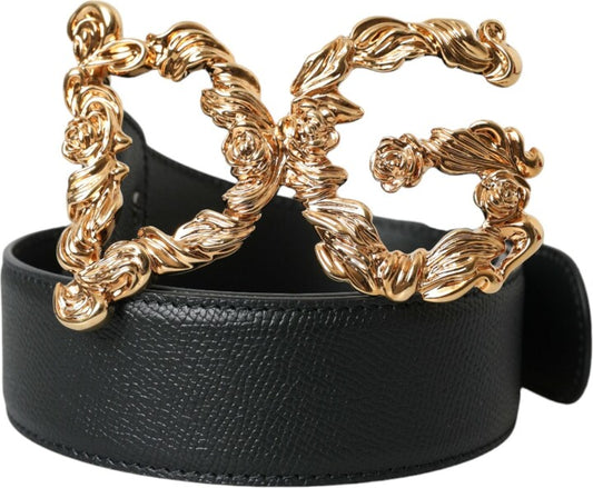 New Dolce & Gabbana Black Leather Baroque Gold Logo Belt