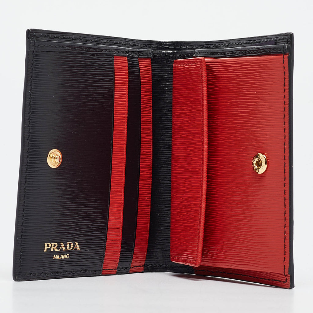 New Prada Black/Red Vitello Move Leather Logo Bifold Compact Wallet