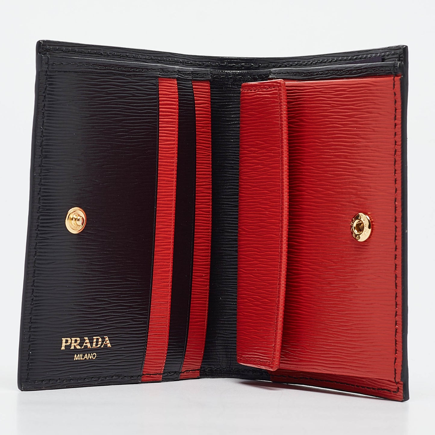 New Prada Black/Red Vitello Move Leather Logo Bifold Compact Wallet