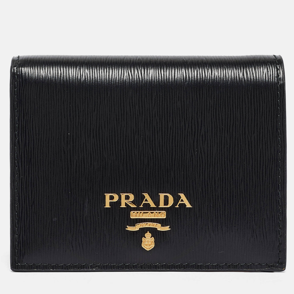 New Prada Black/Red Vitello Move Leather Logo Bifold Compact Wallet