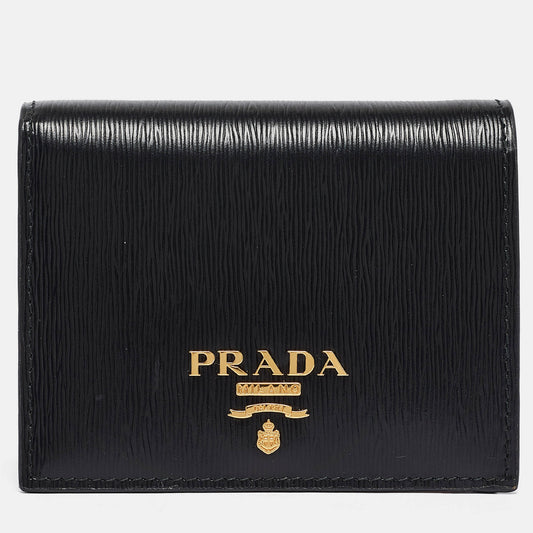 New Prada Black/Red Vitello Move Leather Logo Bifold Compact Wallet