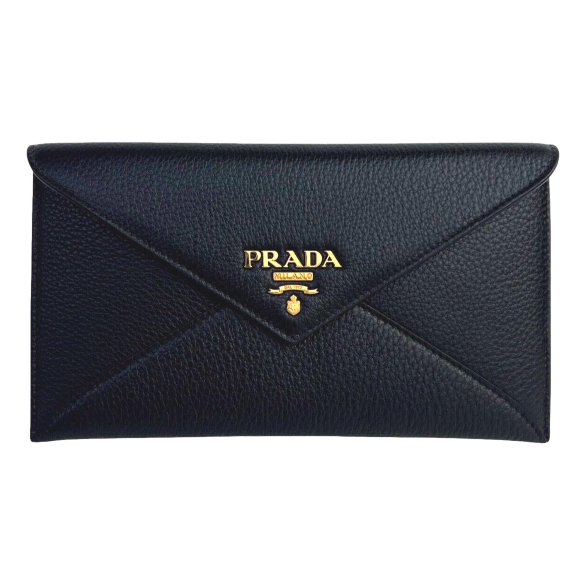 New Prada Black Vitello Grain Leather Long Envelope Wallet